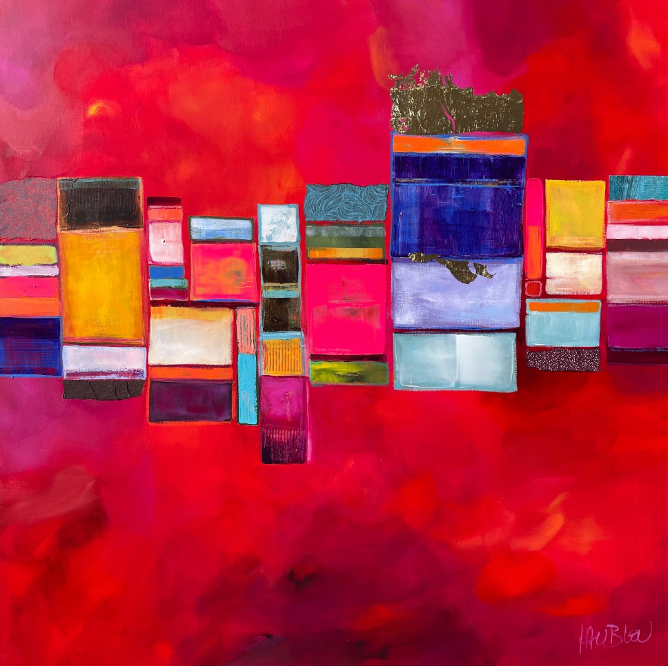 31" x 31" acrylic and gold leaf painting by Lau Blou. Square and rectangles in blue white orange pink yellow and gold foil across center of painting, on cloudy pink and purple background