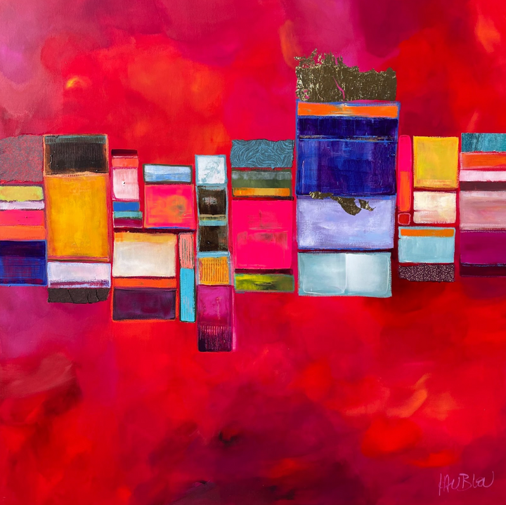 31" x 31" acrylic and gold leaf painting by Lau Blou. Square and rectangles in blue white orange pink yellow and gold foil across center of painting, on cloudy pink and purple background