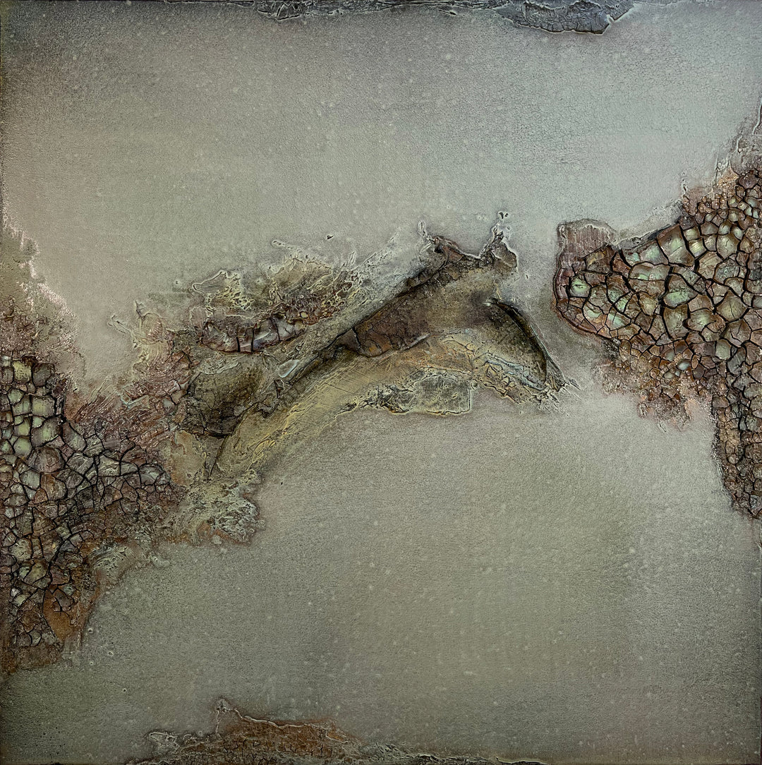 pale muted dark green grey with spots of brown cracking in textured surface 