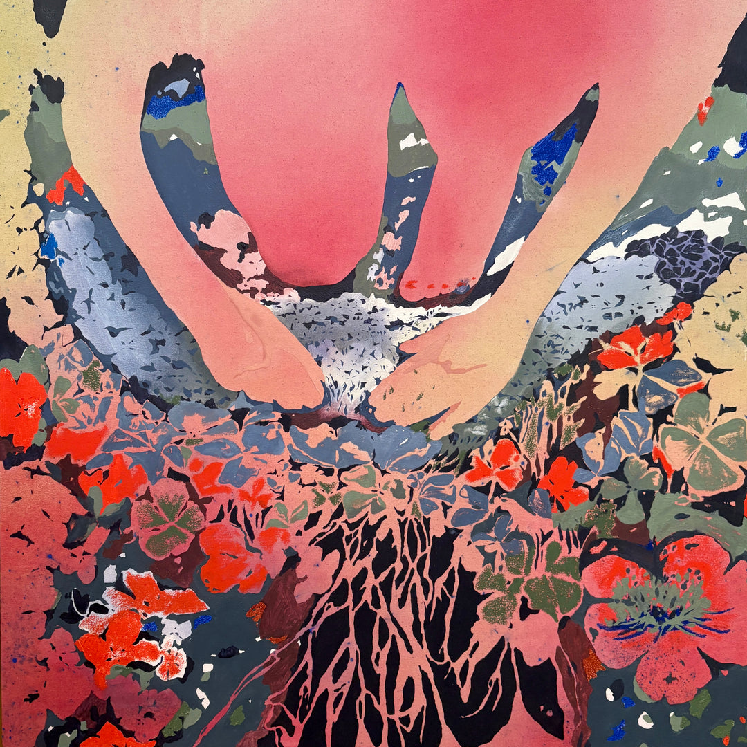 pink and orange dyed canvas , abstract cut out figure at top kneeling to pick flowers and roots in blues and greens 