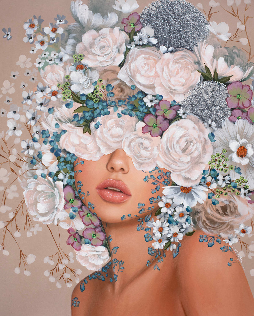 realism female portrait floral flowers leaves surrounding composition in acrylic on canvas in muted beige tones light pink whites
