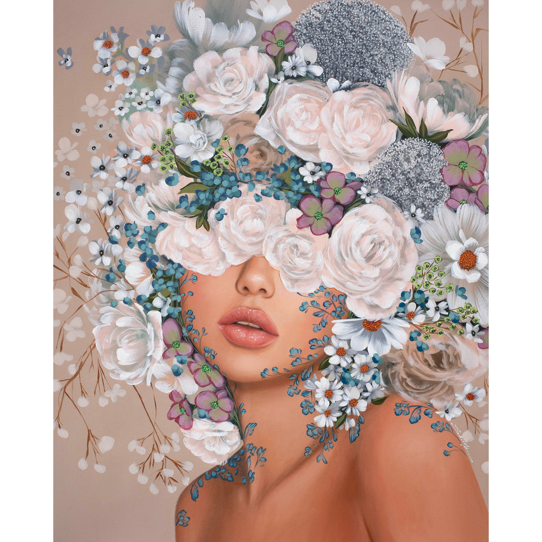 realism female portrait floral flowers leaves surrounding composition in acrylic on canvas in muted beige tones light pink whites