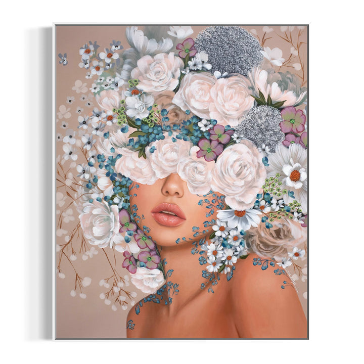 realism female portrait floral flowers leaves surrounding composition in acrylic on canvas in muted beige tones light pink whites