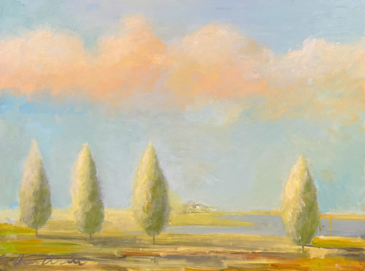 surreal soft landscape of trees and pastel sky with clouds horizontal painting
