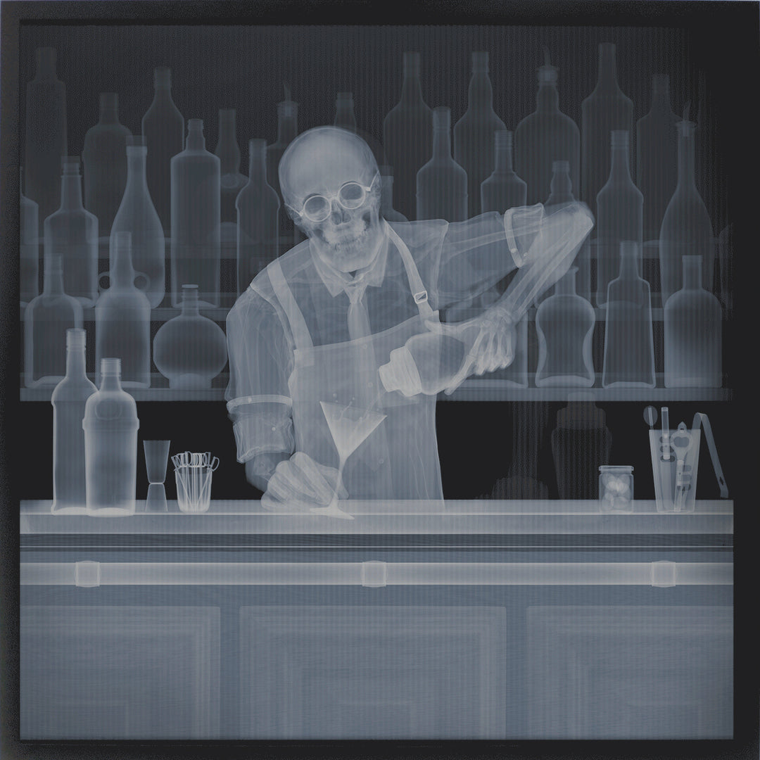 bartender skeleton xray puring and shaking drink cocktail in front of bar with glasses and bottles