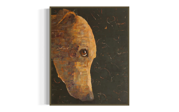 Shy Dog, 32 x 40" oil and acrylic painting on linen by Tomasa Martin. Painting of a golden dog looking at the viewer, on a charcoal gray background.