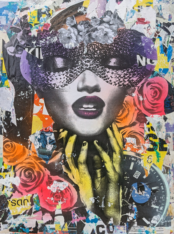 36"W x 48"H Acrylic paint, spray paint, wheat-paste, vintage advertisements, printed fragments on canvas. Woman&