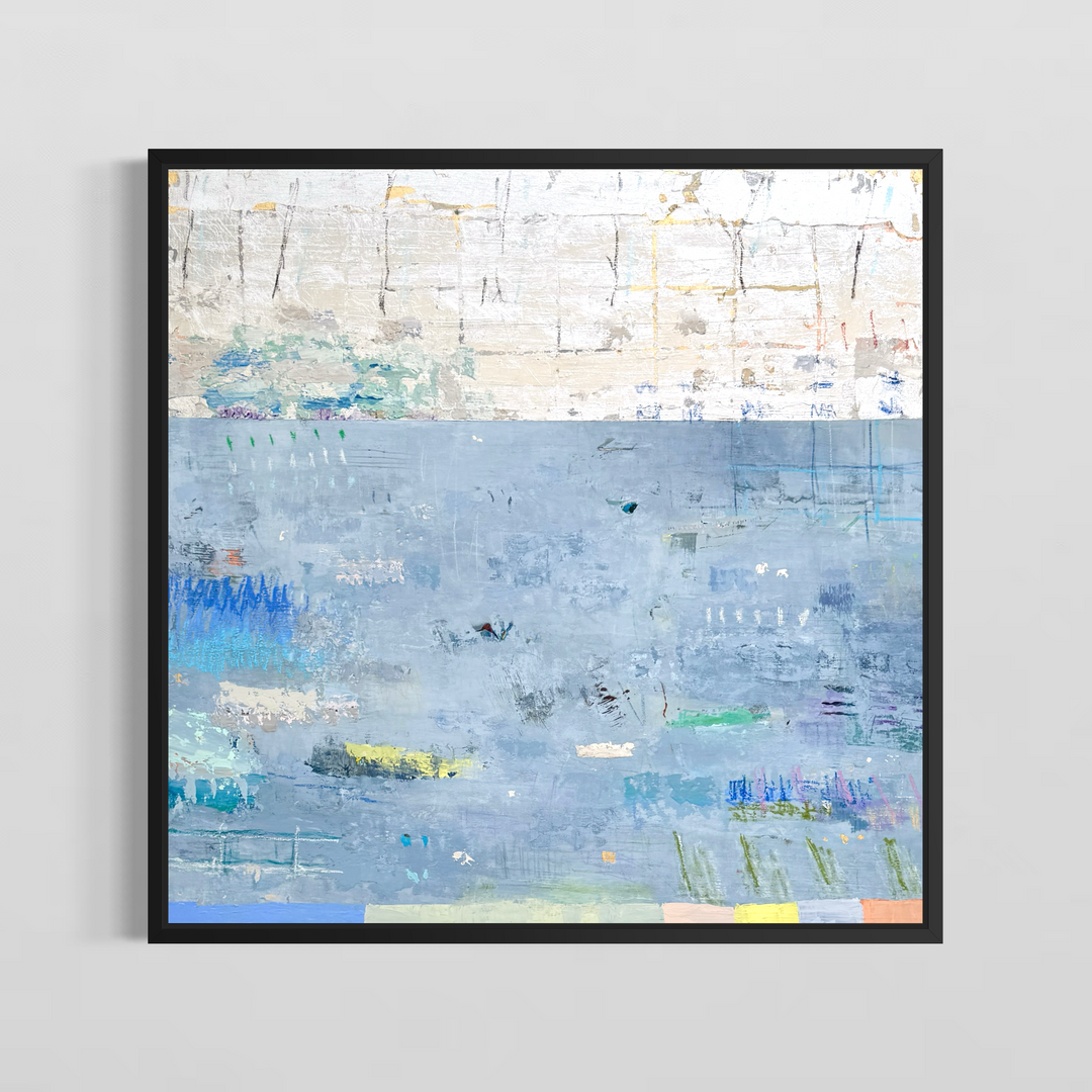 abstract blue, silver and gold mixed media 36X36 canvas with expressive colorful marks throughout framed in black on a grey wall