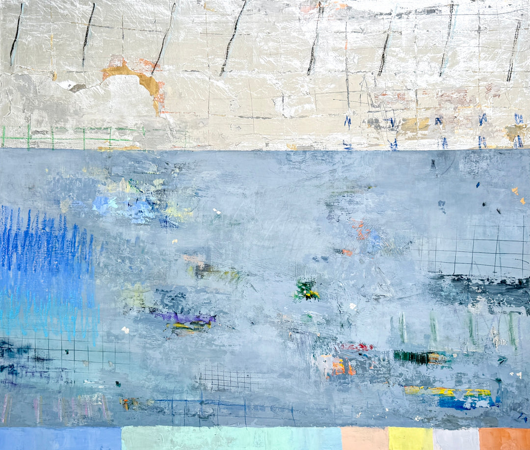 abstract blue, silver and gold mixed media 42X36 canvas with expressive colorful marks throughout