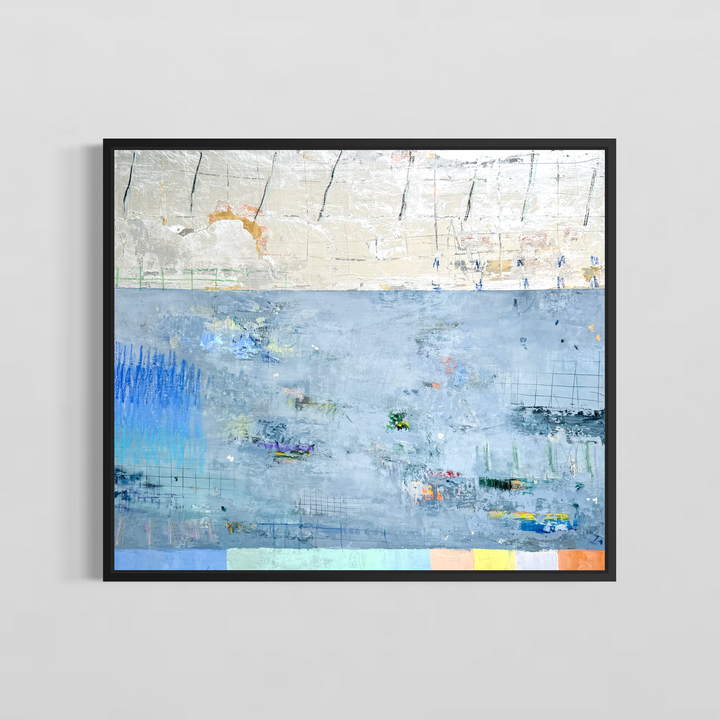 abstract blue, silver and gold mixed media 42X36 canvas with expressive colorful marks throughout framed in black on a grey wall