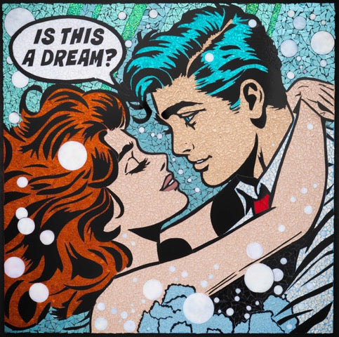 man holding woman with red orange flowing hair underwater, white bubbles, and text bubbles in comic stained glass mosaic style print