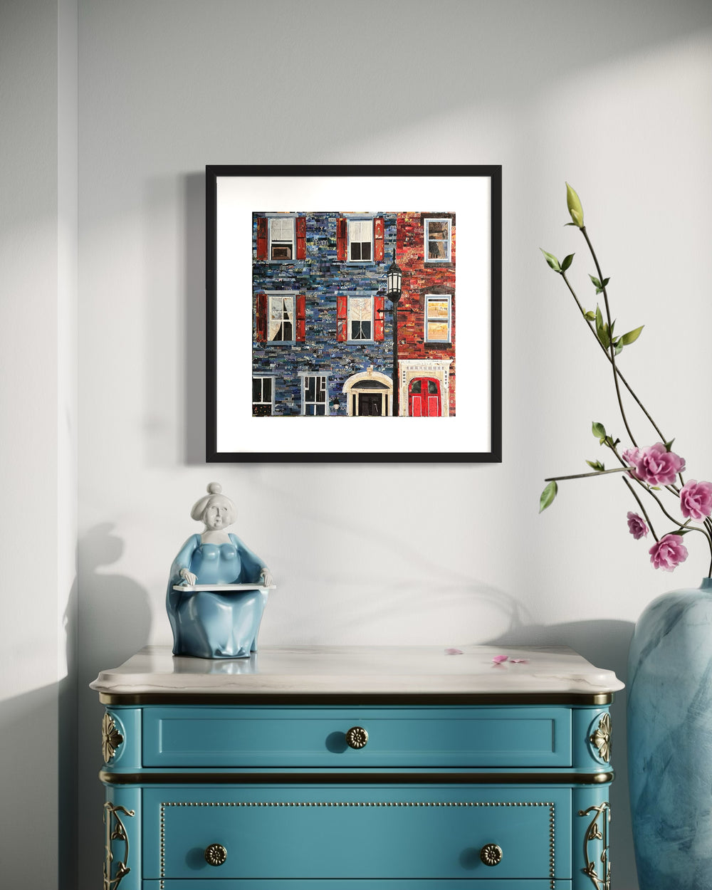 14 x 14" original artwork in a 17" white window matting collage of blue and red Philly brick homes. 