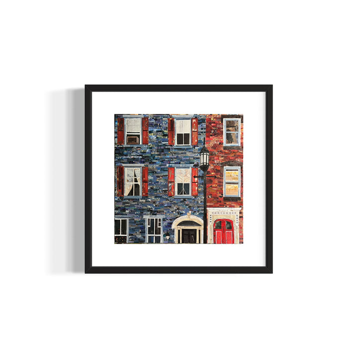 14 x 14" original artwork in a 17" white window matting collage of blue and red Philly brick homes. 