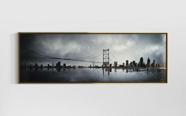 Julien Rey, Skyline, lacquer and gold leaf on board, 16 x 47 inches, framed in a thin gold frame and displayed on a plain wall.