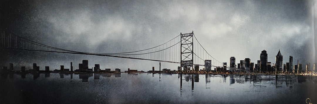 Julien Rey, Skyline, lacquer and gold leaf on board, 16 x 47 inches. Full-width view of the panoramic monochrome cityscape with a suspension bridge and city skyline reflected across still water.