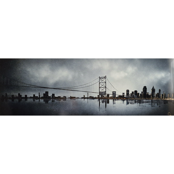 Julien Rey, Skyline, lacquer and gold leaf on board, 16 x 47 inches. Panoramic monochrome cityscape with a suspension bridge and city skyline reflected across still water, with warm amber lights along the waterline.