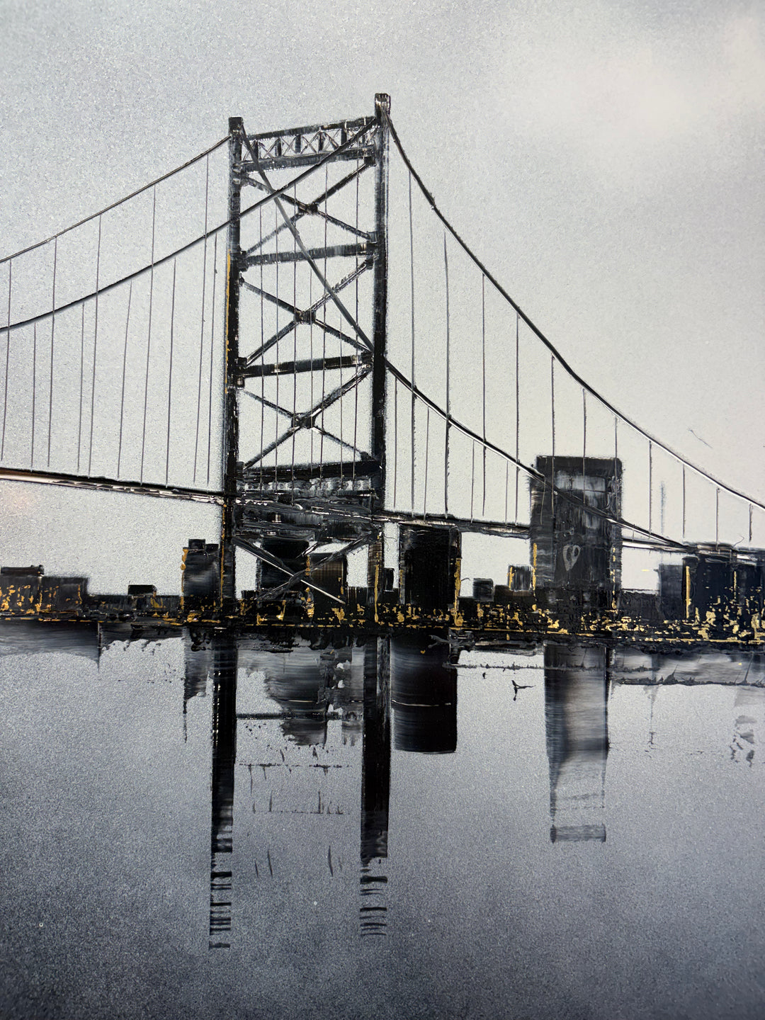 Julien Rey, Skyline, lacquer and gold leaf on board, 16 × 47 inches. Close-up detail of the suspension bridge tower and cityscape rendered in lacquer, with gold leaf lights reflected in the water.