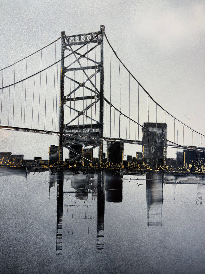 Julien Rey, Skyline, lacquer and gold leaf on board, 16 × 47 inches. Close-up detail of the suspension bridge tower and cityscape rendered in lacquer, with gold leaf lights reflected in the water.