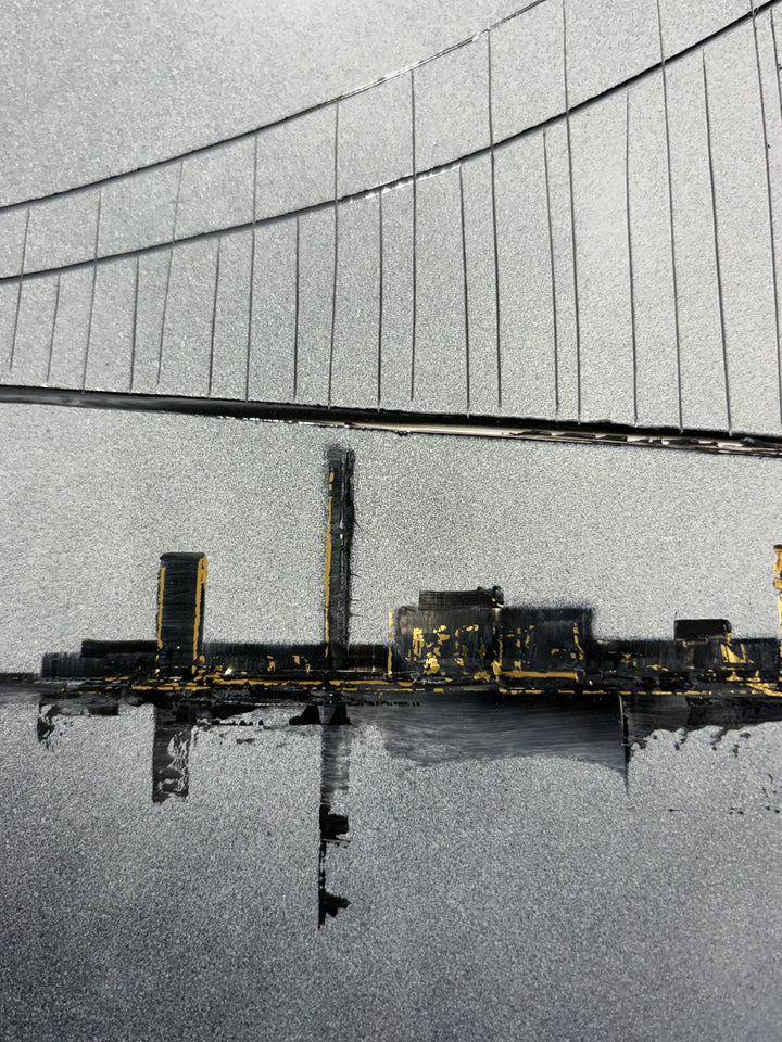 Julien Rey, Skyline, lacquer and gold leaf on board, 16 × 47 inches. Close-up detail of the suspension bridge cables arcing above the lacquered city skyline with gold leaf accents.