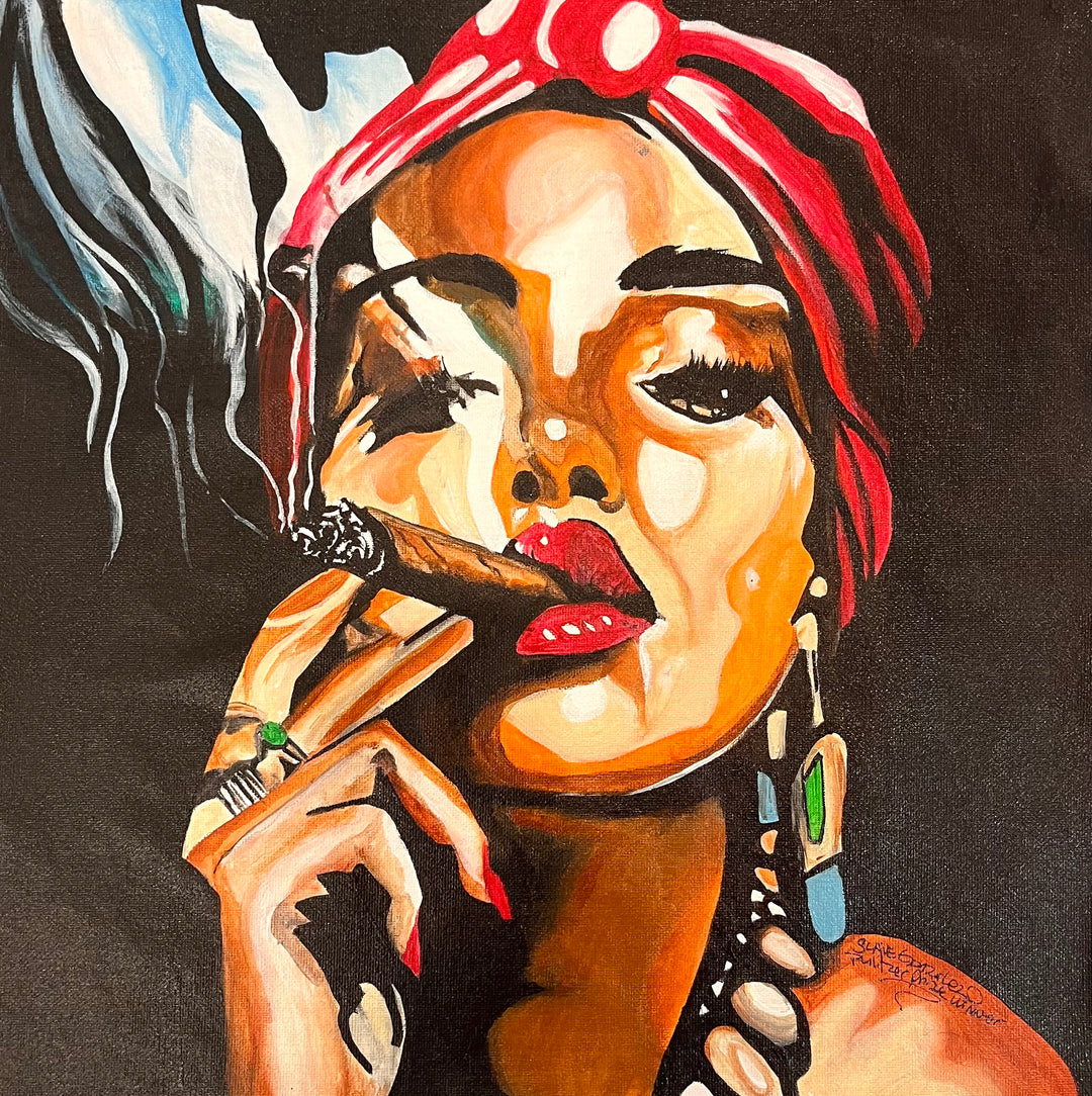 Smoking Hot is a bold, expressive original painting by US-based artist Suave Gonzalez. This striking work captures a woman in a moment of sultry confidence — red head wrap, bejeweled fingers, and a cigar held close — rendered in Gonzalez's signature high-contrast, graphic style with rich amber, crimson, and black tones. A striking figurative painting presented by Morton Contemporary Gallery.