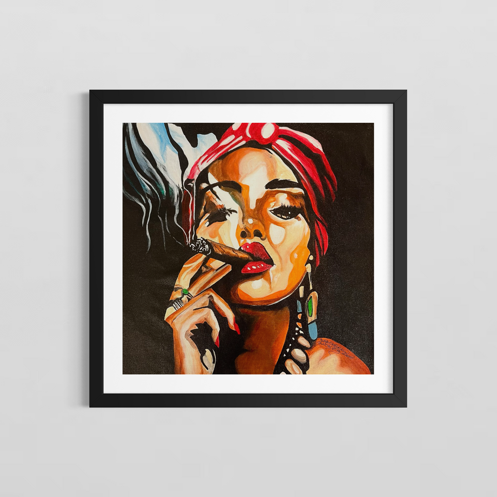 Smoking Hot is a bold, expressive original painting by US-based artist Suave Gonzalez. This striking work captures a woman in a moment of sultry confidence — red head wrap, bejeweled fingers, and a cigar held close — rendered in Gonzalez's signature high-contrast, graphic style with rich amber, crimson, and black tones. A striking figurative painting presented by Morton Contemporary Gallery.