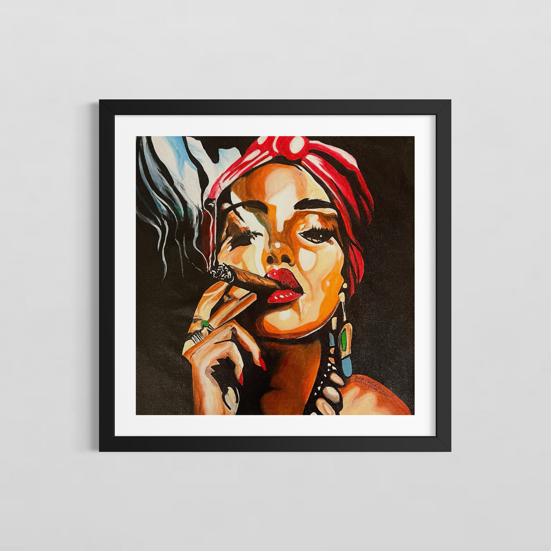 Smoking Hot is a bold, expressive original painting by US-based artist Suave Gonzalez. This striking work captures a woman in a moment of sultry confidence — red head wrap, bejeweled fingers, and a cigar held close — rendered in Gonzalez&
