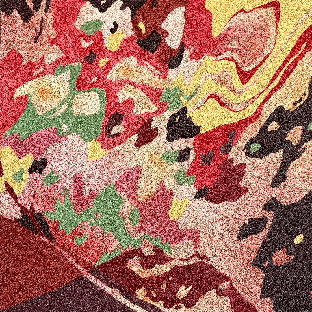 Abstract organic pumice painting in oil paint by local female artist natural shapes textures abstracted negative space line weight gradient of color reds browns yellows  on canvas