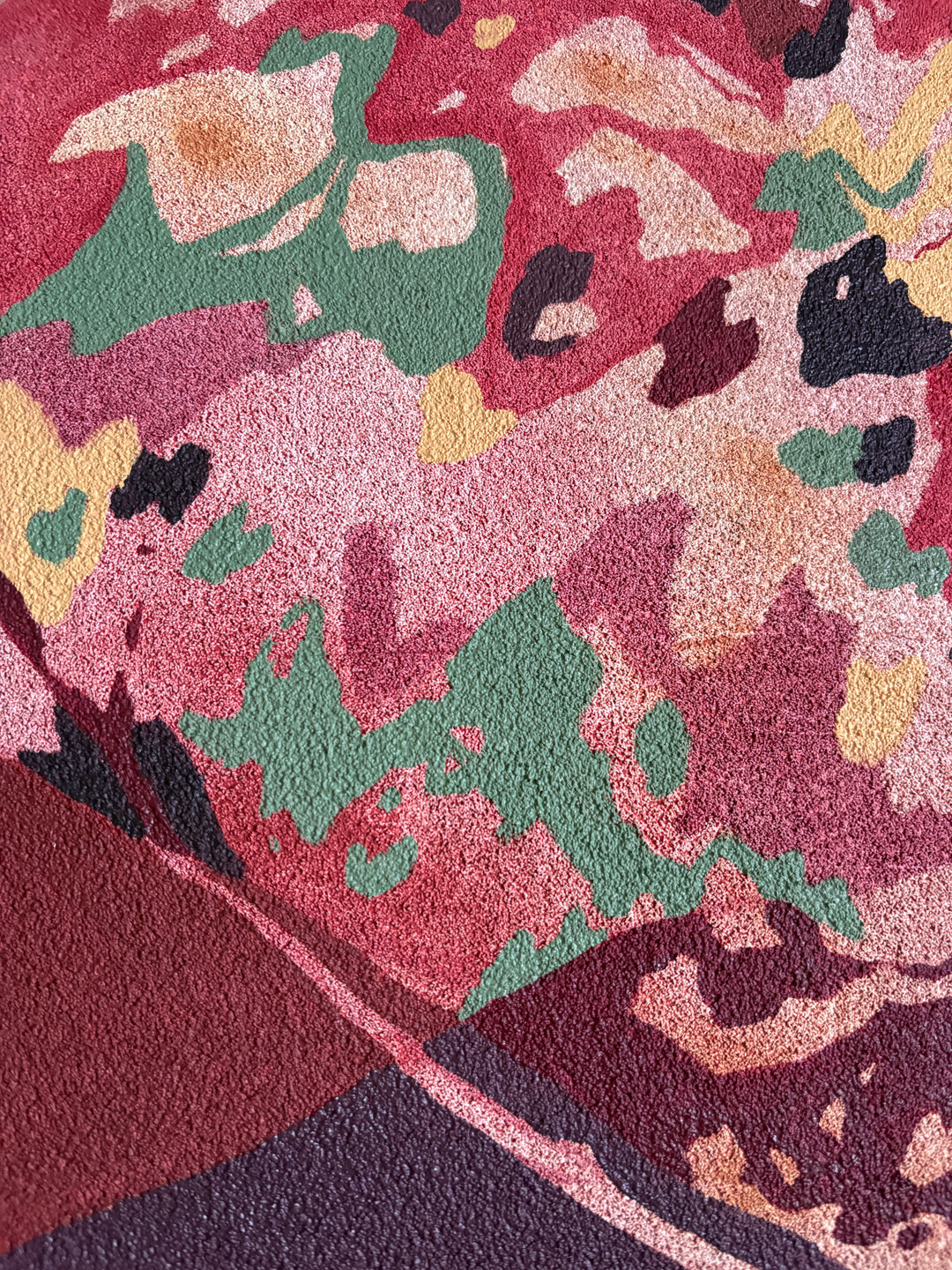 Abstract organic pumice painting in oil paint by local female artist natural shapes textures abstracted negative space line weight gradient of color reds browns yellows  on canvas