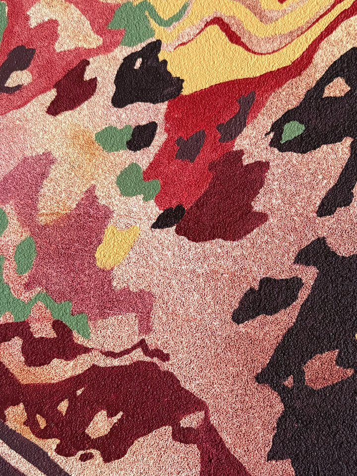 Abstract organic pumice painting in oil paint by local female artist natural shapes textures abstracted negative space line weight gradient of color reds browns yellows  on canvas