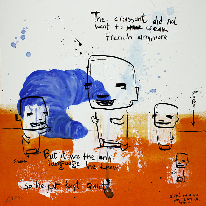 illustrative doodle ink drawing realistic blue and yellow with text comic satire humor croissant french 