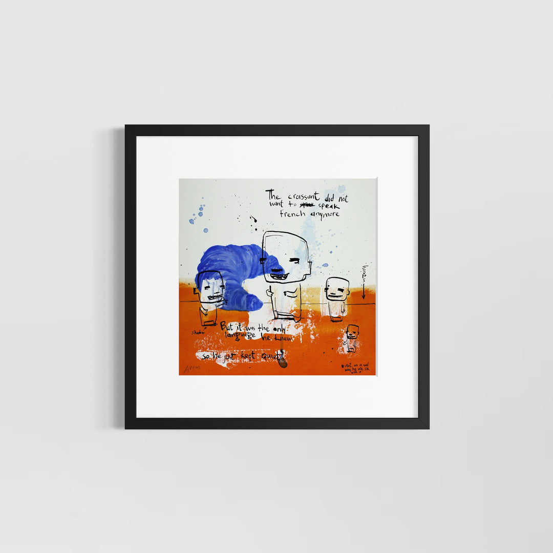 illustrative doodle ink drawing realistic blue and yellow with text comic satire humor croissant french 