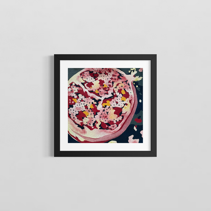 Spilling Out by Erin Touey framed in a black frame with white window matting, showing the pomegranate-like red, pink, and yellow abstract oil painting