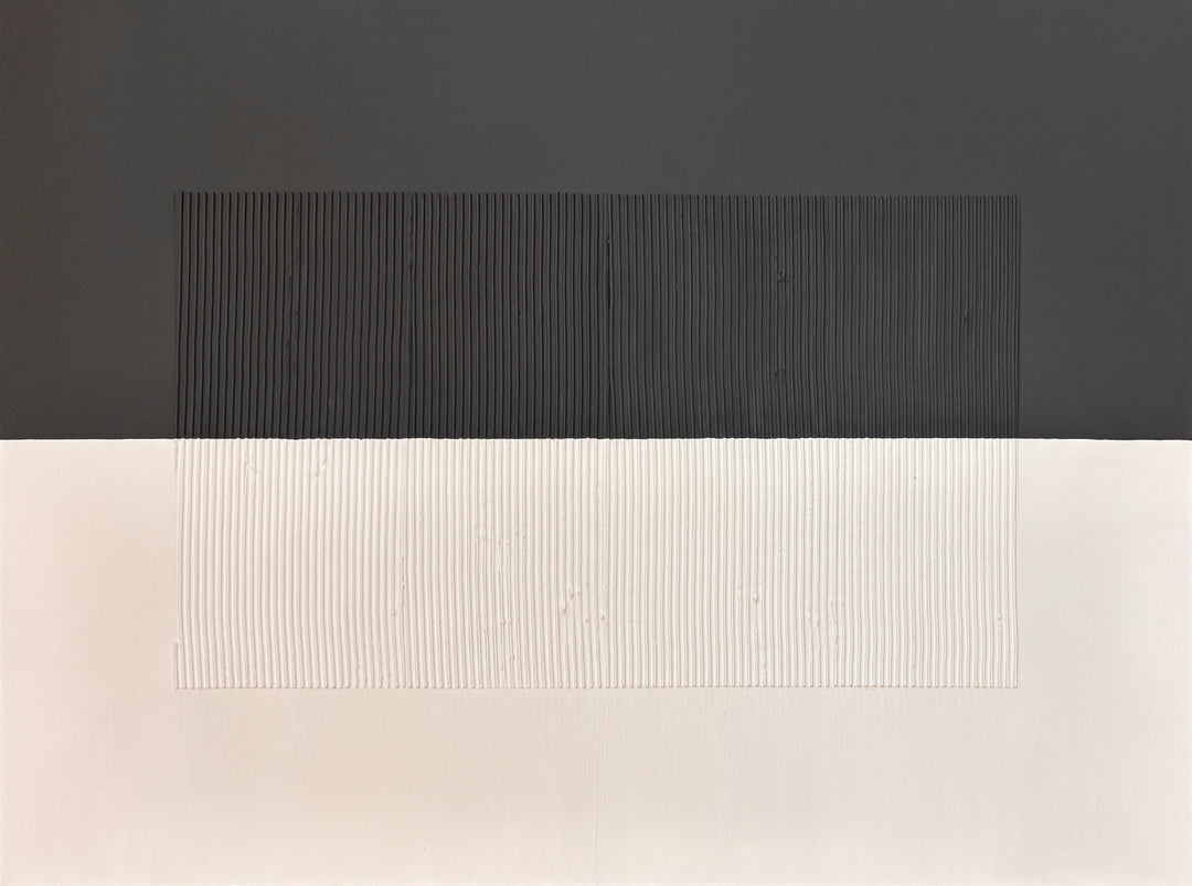 Lee in Cerulean, Split Duo Plain, joint compound and acrylic paint on canvas, 48 x 36 inches each (48 x 72 inches together). Detail of the top panel: a charcoal grey upper half and cream lower half with a centered rectangle of fine vertical ridges.