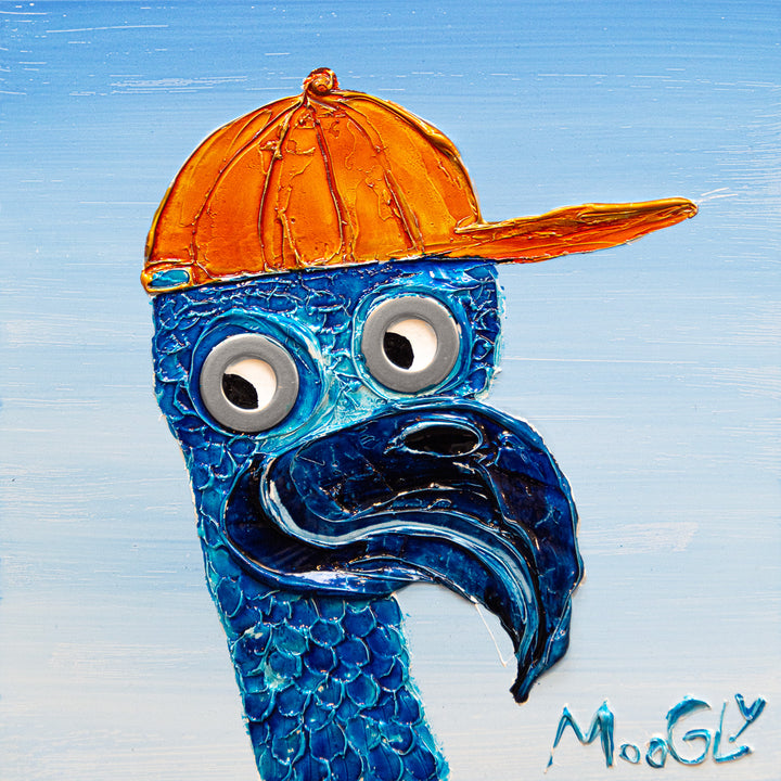 Acrylic 12" x 12" matted Sports Addict painting by Moogly. Navy and cobalt blue animated bird with washers as eyes, wearing an orange sideways baseball cap and looking to the left.