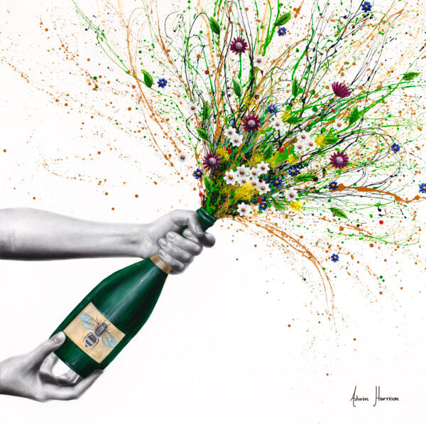 spring floral bouquet splatter paint expressionism coming out of champagne bottle with bee green and purple with realism black and white figure on white background