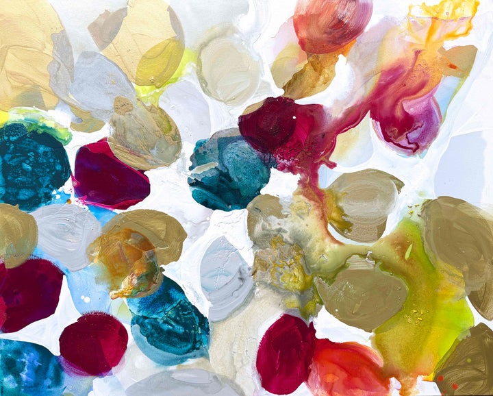 Liz Barber, Spring Dream, acrylic paint, ink, and watercolor on canvas, 60 x 48 inches. Abstract composition of rounded shapes in gold, taupe, deep crimson, teal, pale blue, and white with red-orange and chartreuse ink washes on a white background.