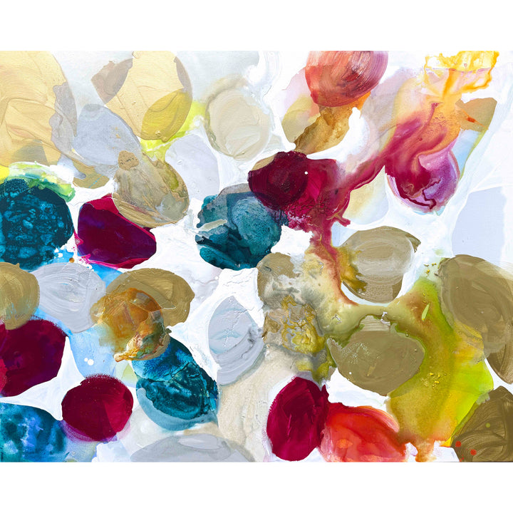 Liz Barber, Spring Dream, acrylic paint, ink, and watercolor on canvas, 60 x 48 inches. Abstract composition of rounded shapes in gold, taupe, deep crimson, teal, pale blue, and white with red-orange and chartreuse ink washes on a white background.