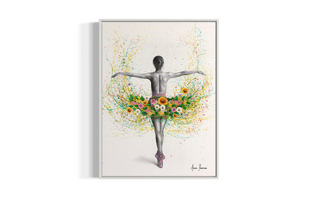 ballerina in black and white against white background with paint splatter tut in green with pink white and yellow flowers 