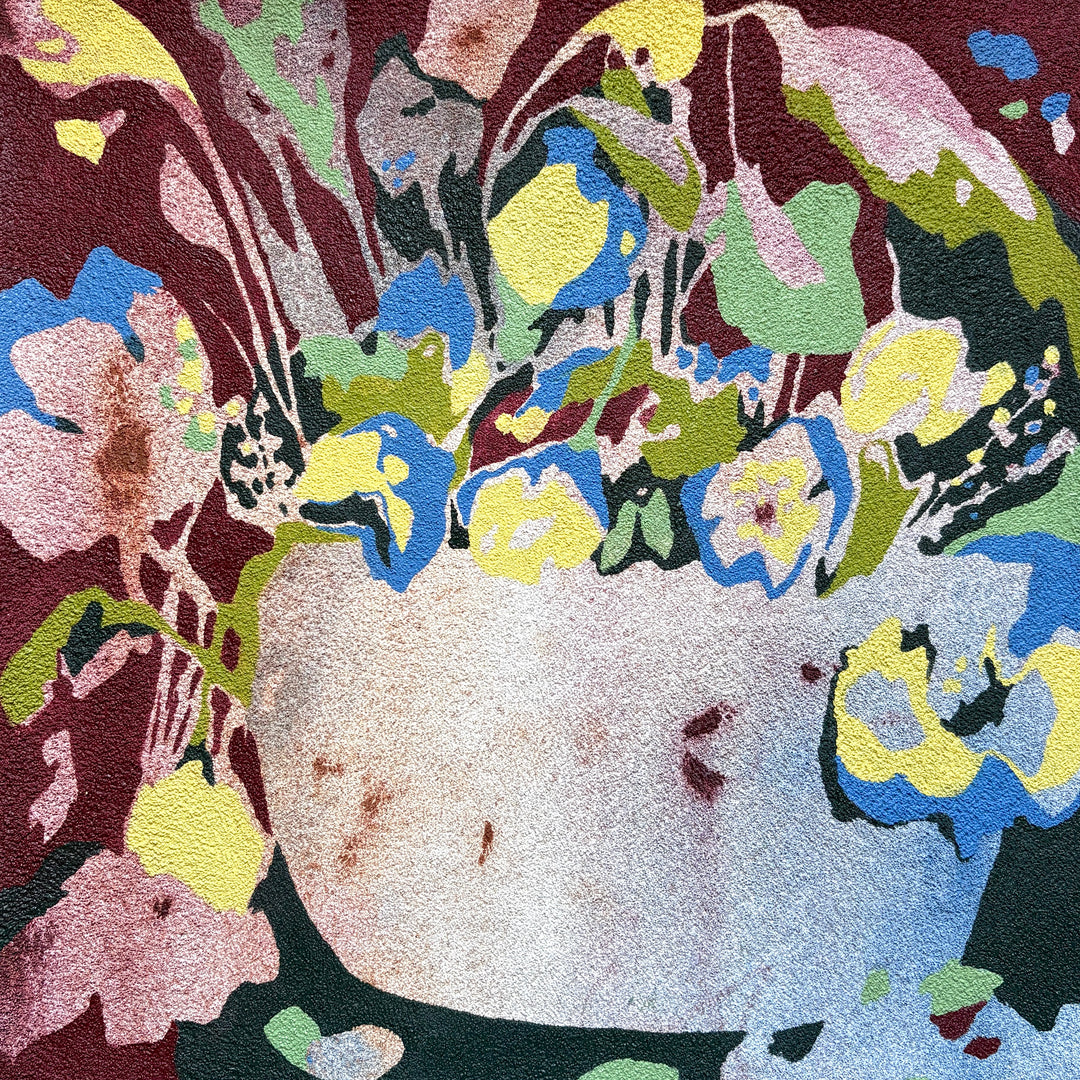 abstract floral still life oil painting in pumice textured surface in blue maroon green and yellow negative space organic shapes leaves shadows