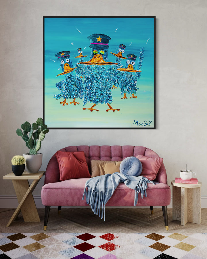 48" x 48" acrylic on canvas painting of blue birds with hats and eyes made of washers over a blue and green gradient background. 