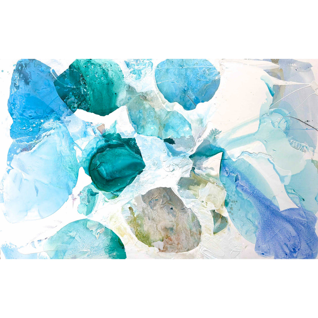 Liz Barber, Summer Garden 10, acrylic paint, ink, watercolor, and graphite on canvas, 72 x 48 inches. Horizontal abstract composition of overlapping translucent shapes in turquoise, teal, sky blue, and periwinkle with a sage and beige shape near the center, on a white background.