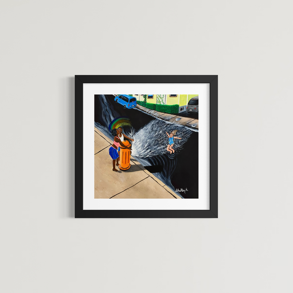 outdoor street scene summer playing fire hydrant sprinkler fun kids in acrylic