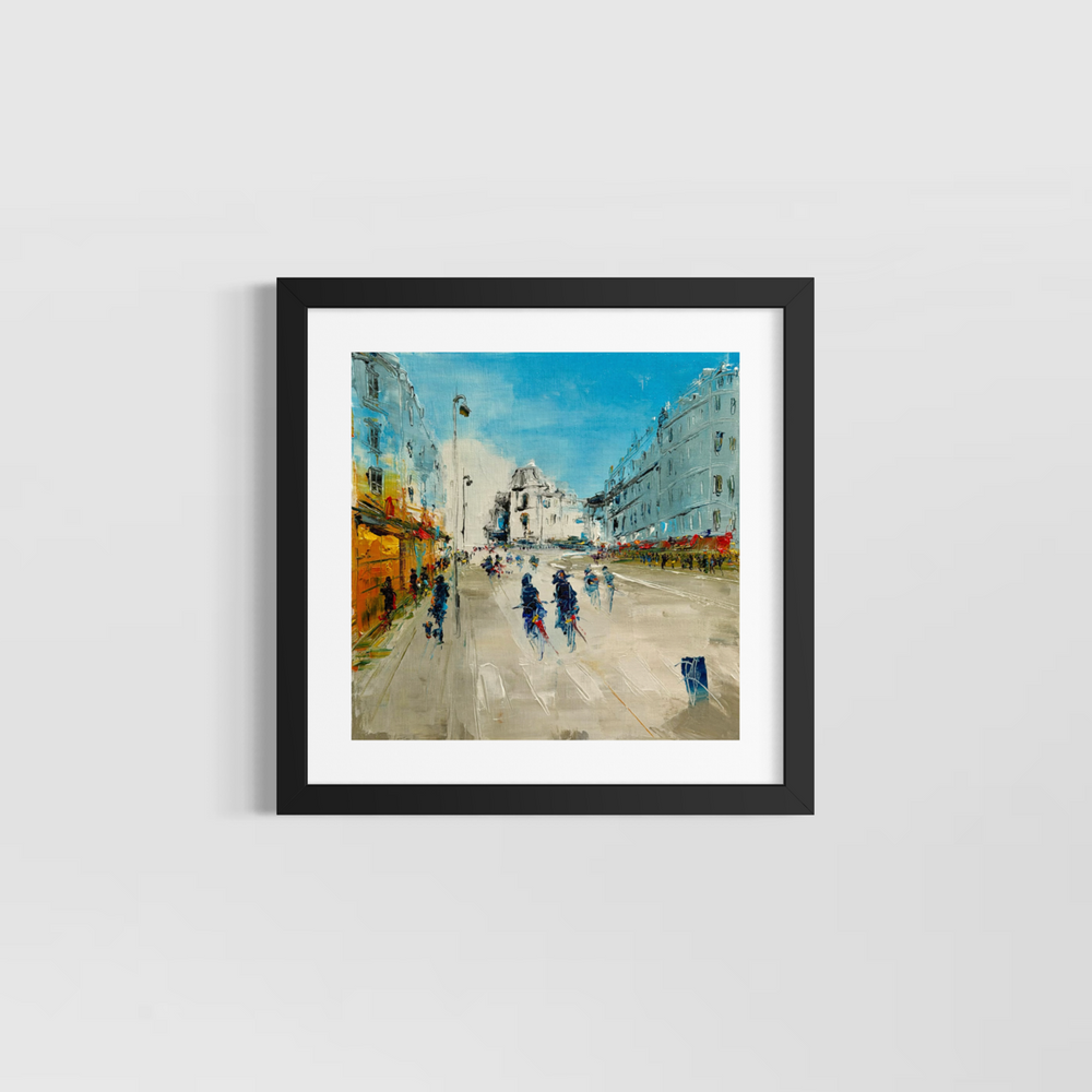 Christian Raffin, Sur Les Grands Boulevards, oil on canvas, 14 x 14 inches, shown in a black frame with a white mat hanging on a light grey wall.