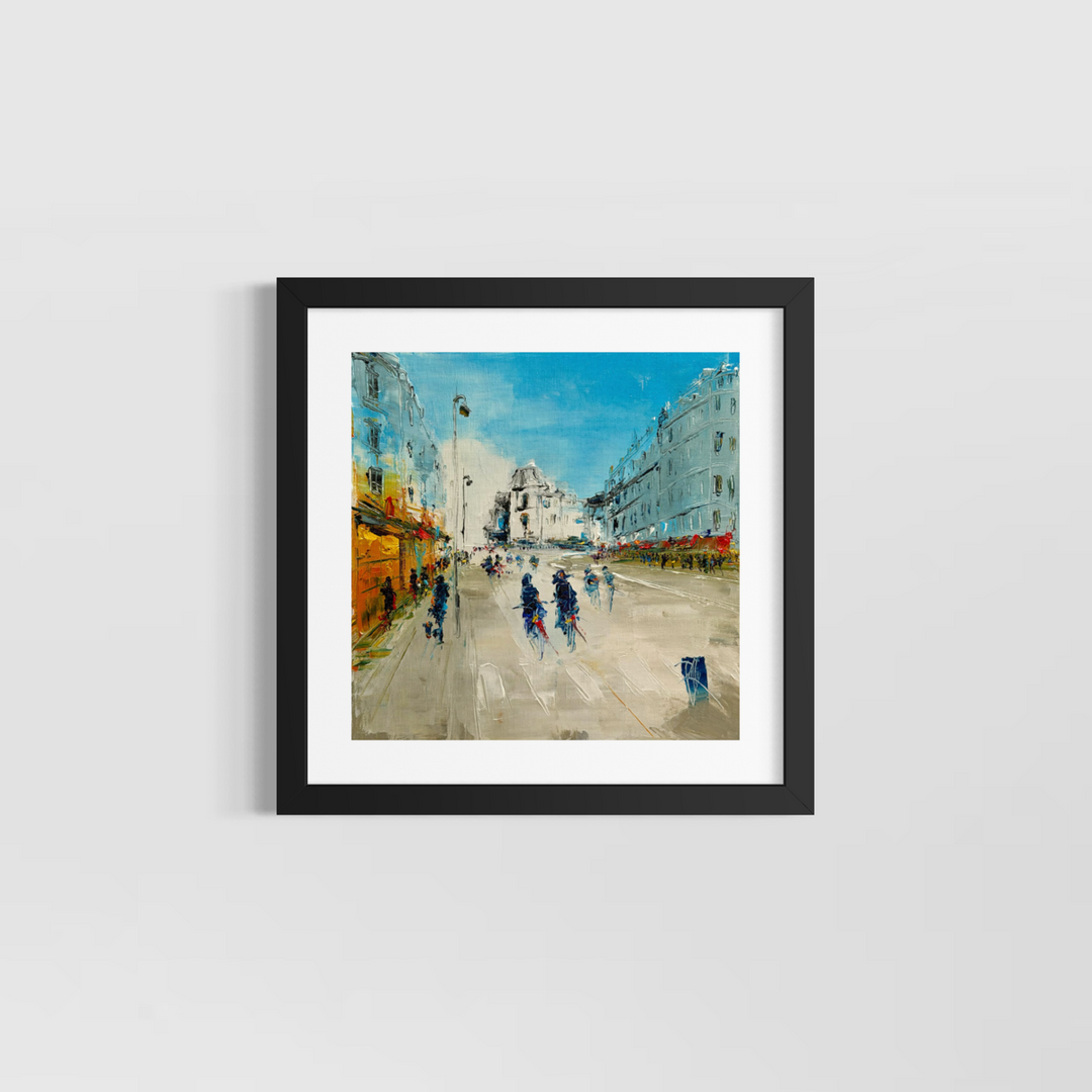 Christian Raffin, Sur Les Grands Boulevards, oil on canvas, 14 x 14 inches, shown in a black frame with a white mat hanging on a light grey wall.
