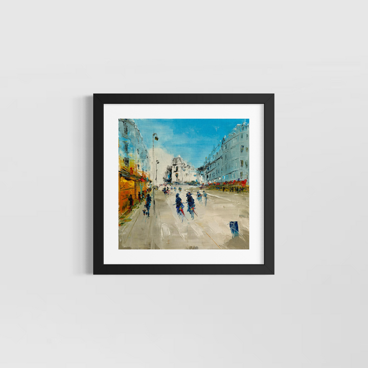 Christian Raffin, Sur Les Grands Boulevards, oil on canvas, 14 x 14 inches, shown in a black frame with a white mat hanging on a light grey wall.