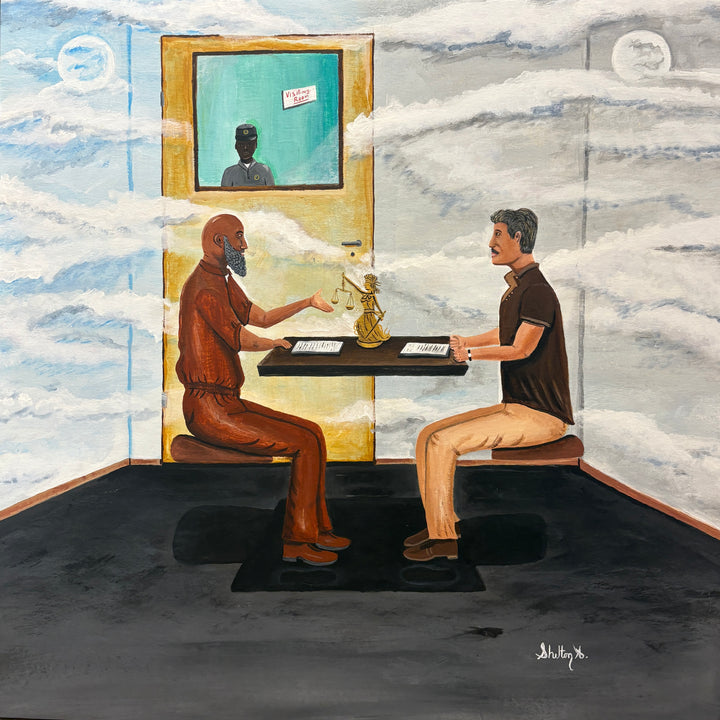 two figures men prisoner judicial lawyers moon day painting in acrylic time waiting surrealism