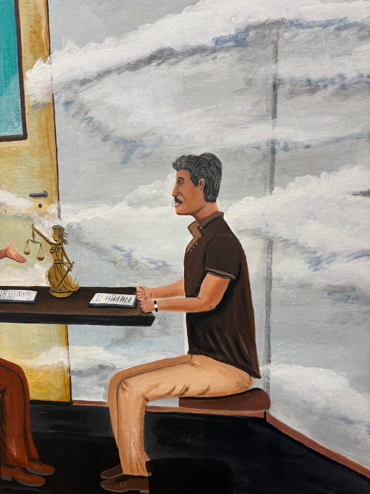 two figures men prisoner judicial lawyers moon day painting in acrylic time waiting surrealism