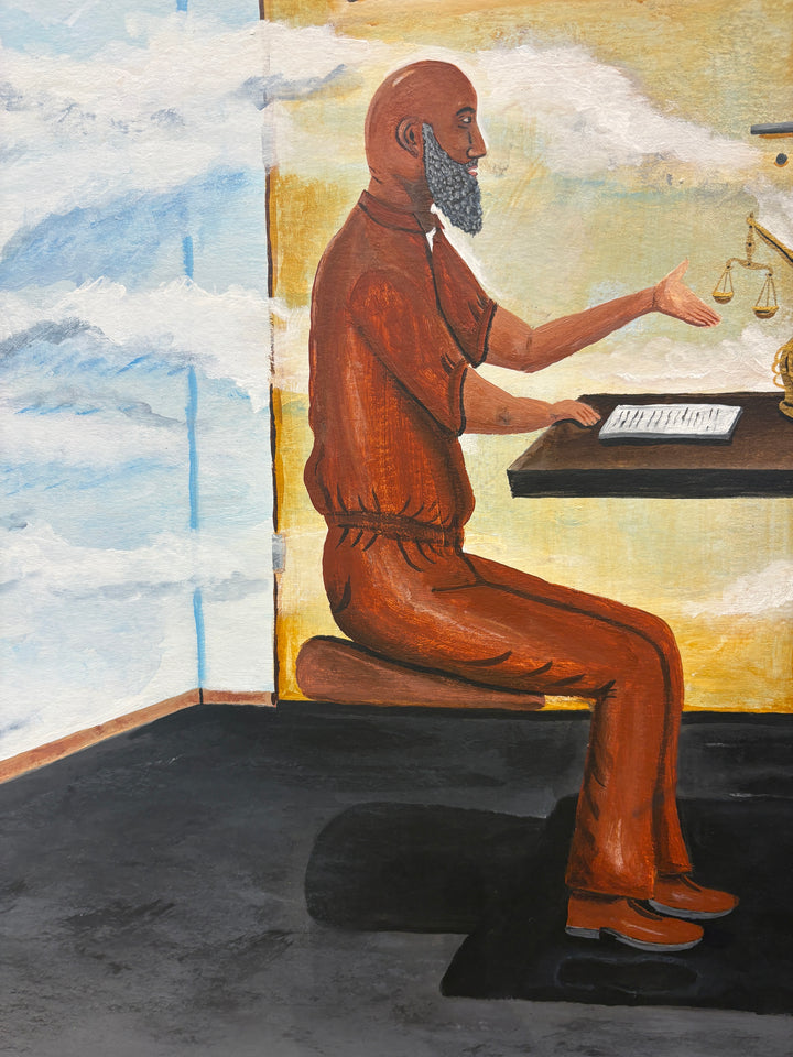 two figures men prisoner judicial lawyers moon day painting in acrylic time waiting surrealism