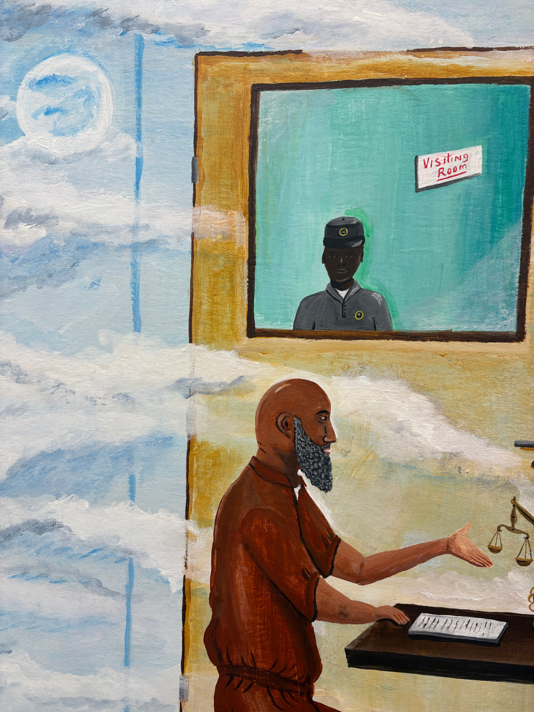 two figures men prisoner judicial lawyers moon day painting in acrylic time waiting surrealism