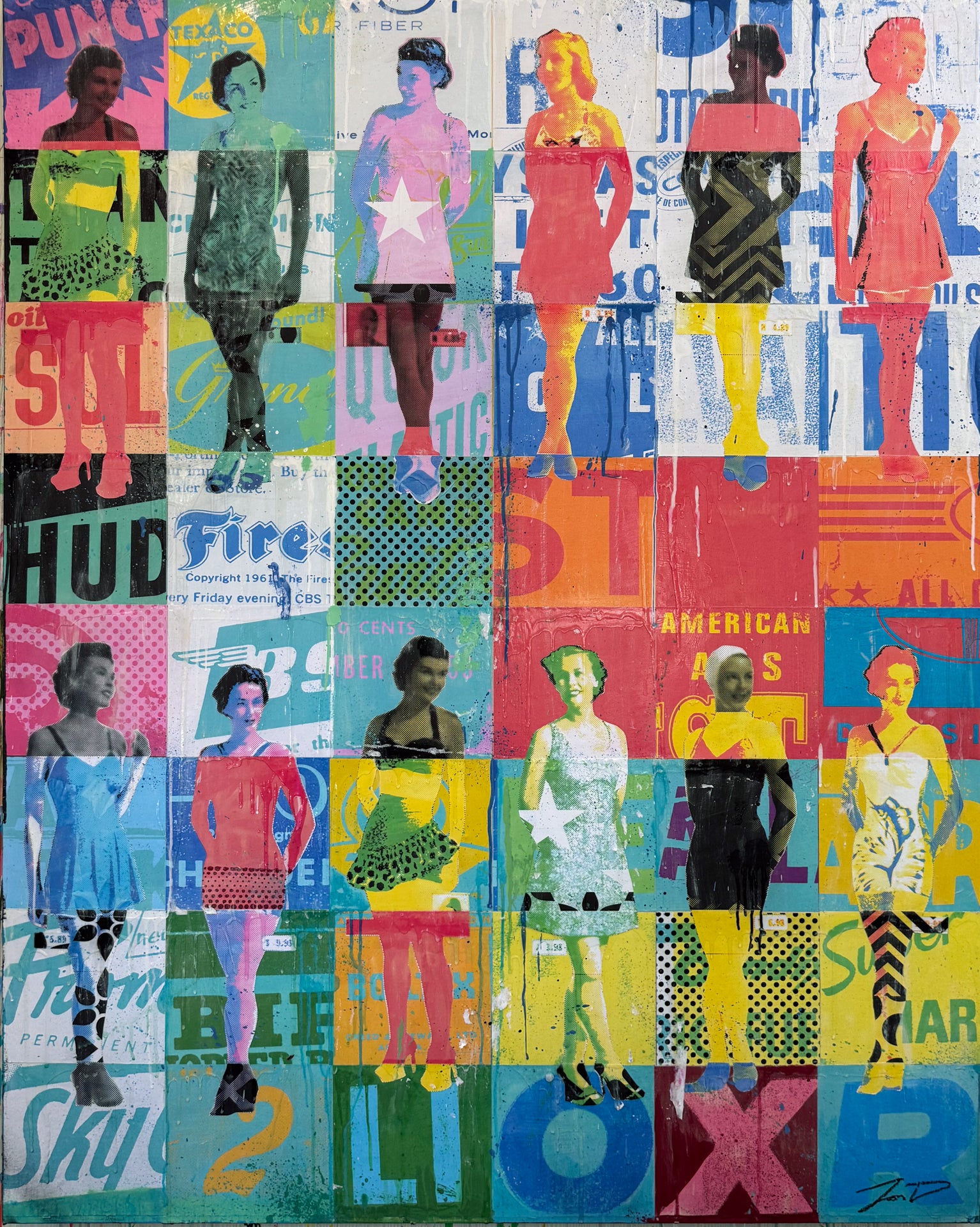 Swimsuits and Heels by Jon Davenport — straight-on gallery view of Neo-Pop mixed media painting showing a colorful grid of silhouetted women in dresses and heels over vintage advertising collage